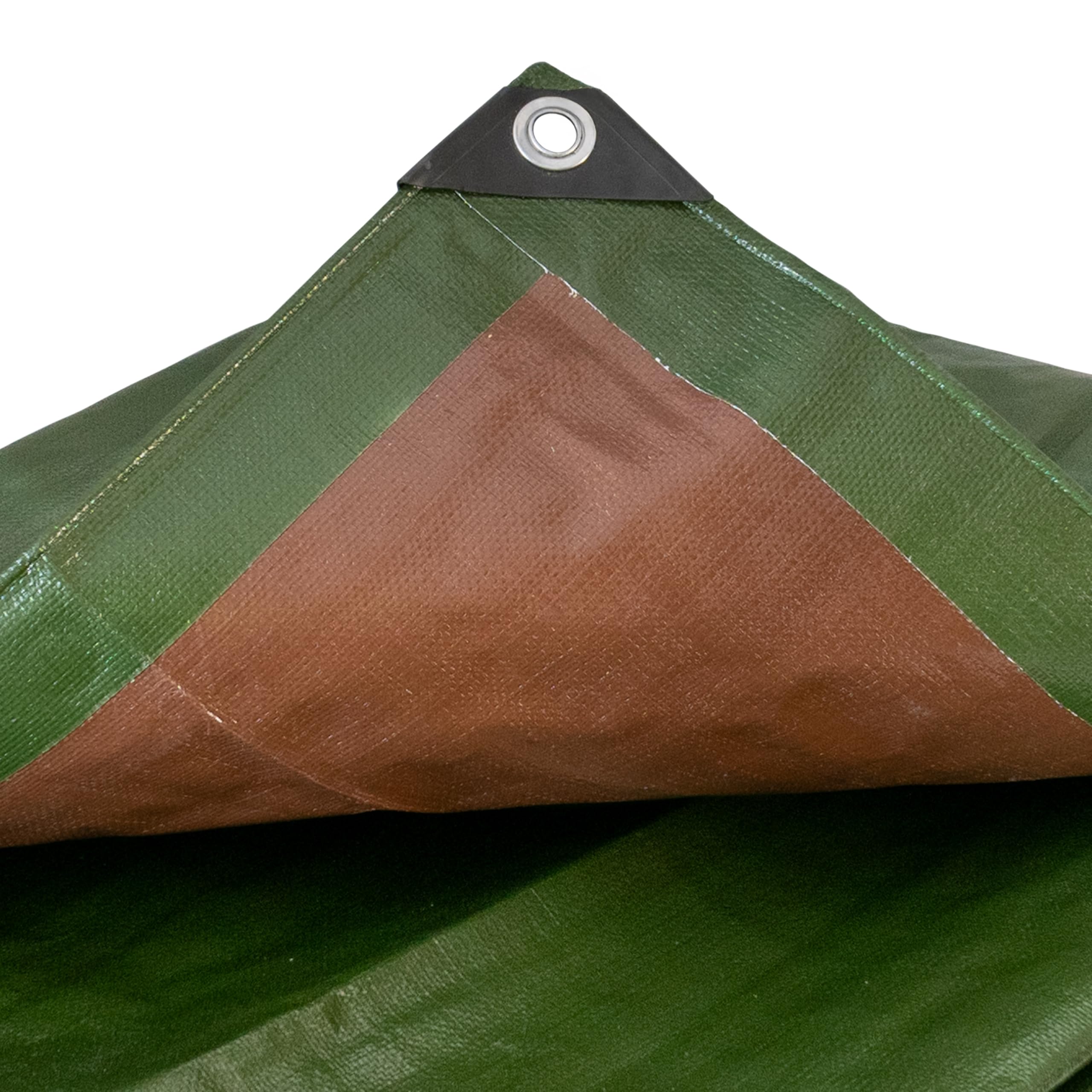 Tough heavy 220 gsm duty waterproof green with brown reverse tarpaulin/tarp cover sheet/extra eyelets at 50cm with reinforced corners,ideal as a camping ground sheet. (1.5m x2m)