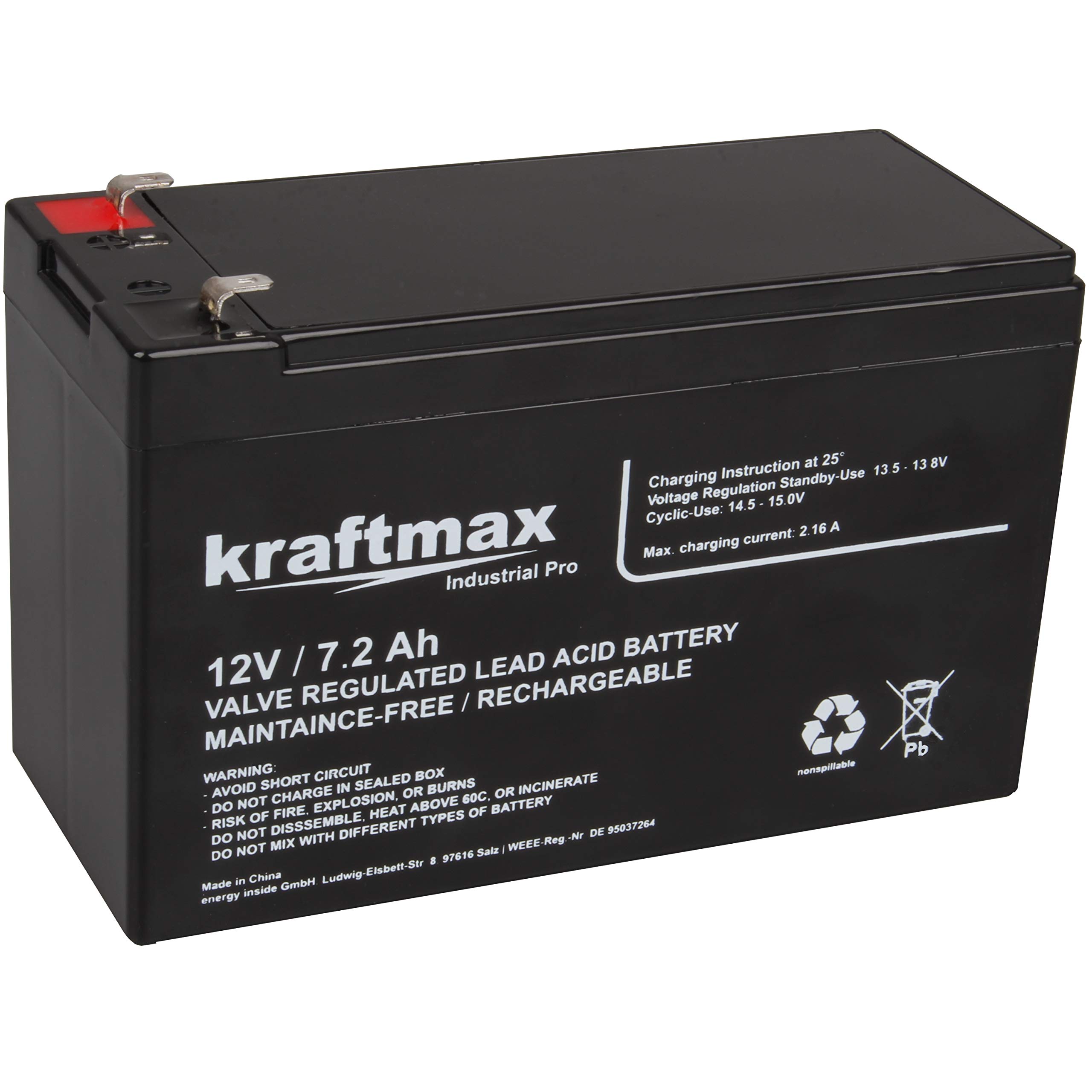 Kraftmax Industrial Pro - Batería de plomo (12 V, 7,2 Ah)