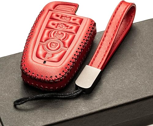 Miniatura 5 de Vitodeco Funda de cuero genuino para llavero inteligente compatible con Ford Mustang 2018-2024, Ford Mustang Mach-E 2021-2023 (5 botones, rojo)