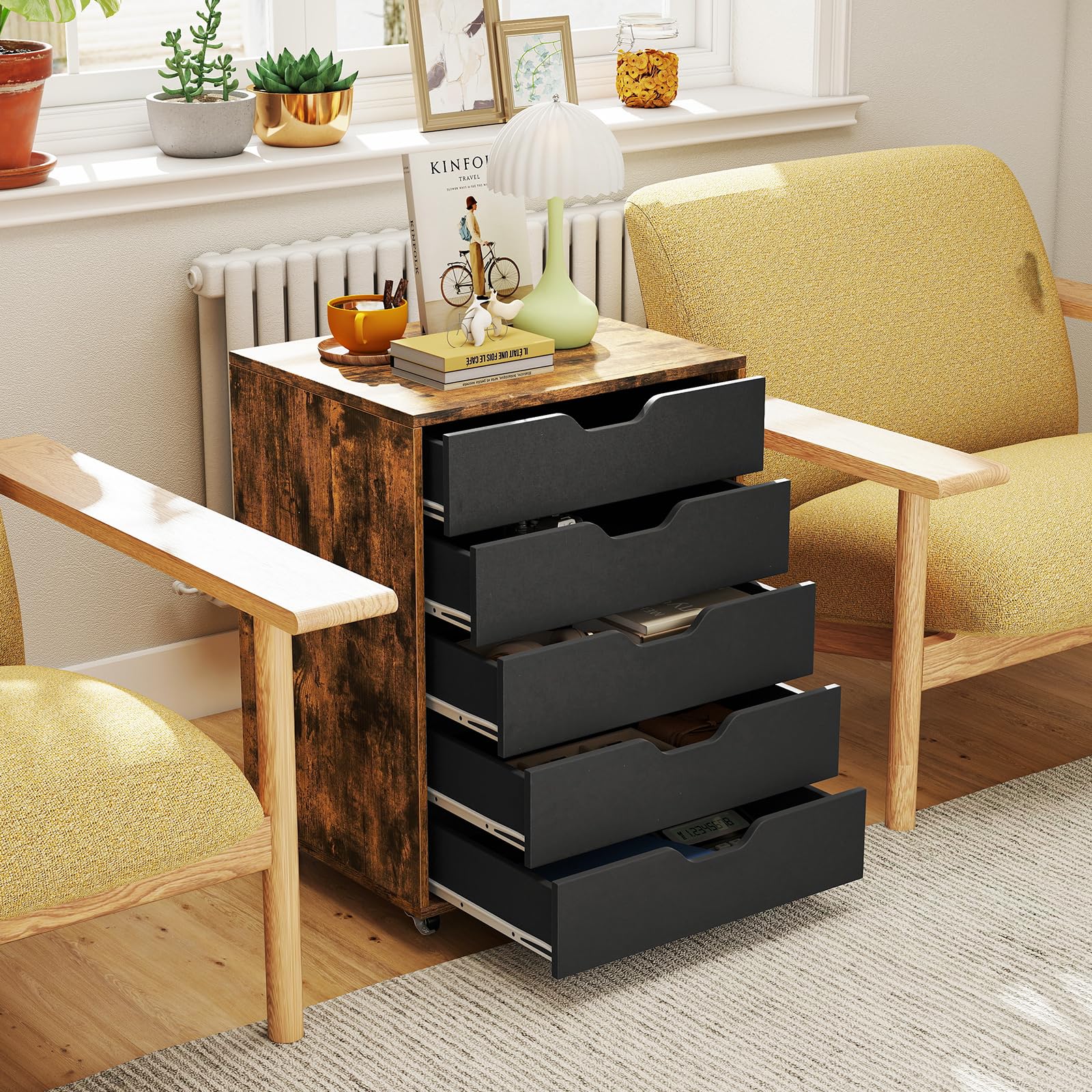 GIANTEX Aktenschrank auf Rollen, Rollcontainer mit Schubladen, mobiler Druckerständer für Home-Office & Büro, für Ordner, Dokumente, Papiere (Schwarz + Braun, 49 x 40 x 65 cm)