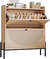 IRONCK Rattan Shoe Cabinet with 2 Flip Drawers - Narrow Oak Entryway Organizer Holds 22-35 Pairs