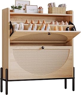 IRONCK Rattan Shoe Cabinet with 2 Flip Drawers - Narrow Oak Entryway Organizer Holds 22-35 Pairs