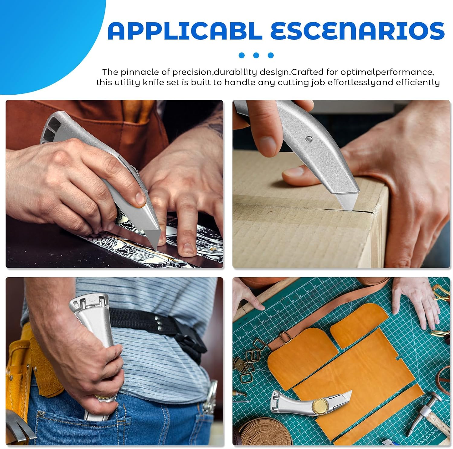10 Pcs Silver Fixed Blade Roofing Knife Utility Knife with 3 functions for 30 blades Box Cutter with Holster Belt Clip Roofing Tools for Carpet, Outdoor Indoor Construction Marking