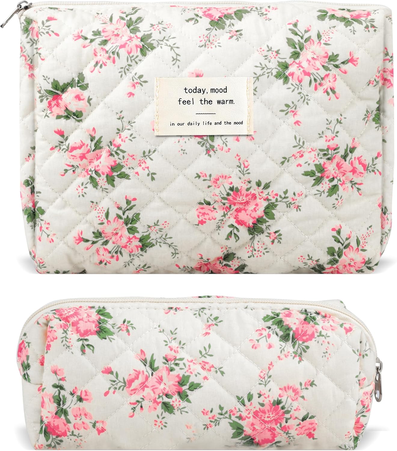 2Pcs Quilted Cotton Makeup Bag Large Travel Pouch Small Ab-pink