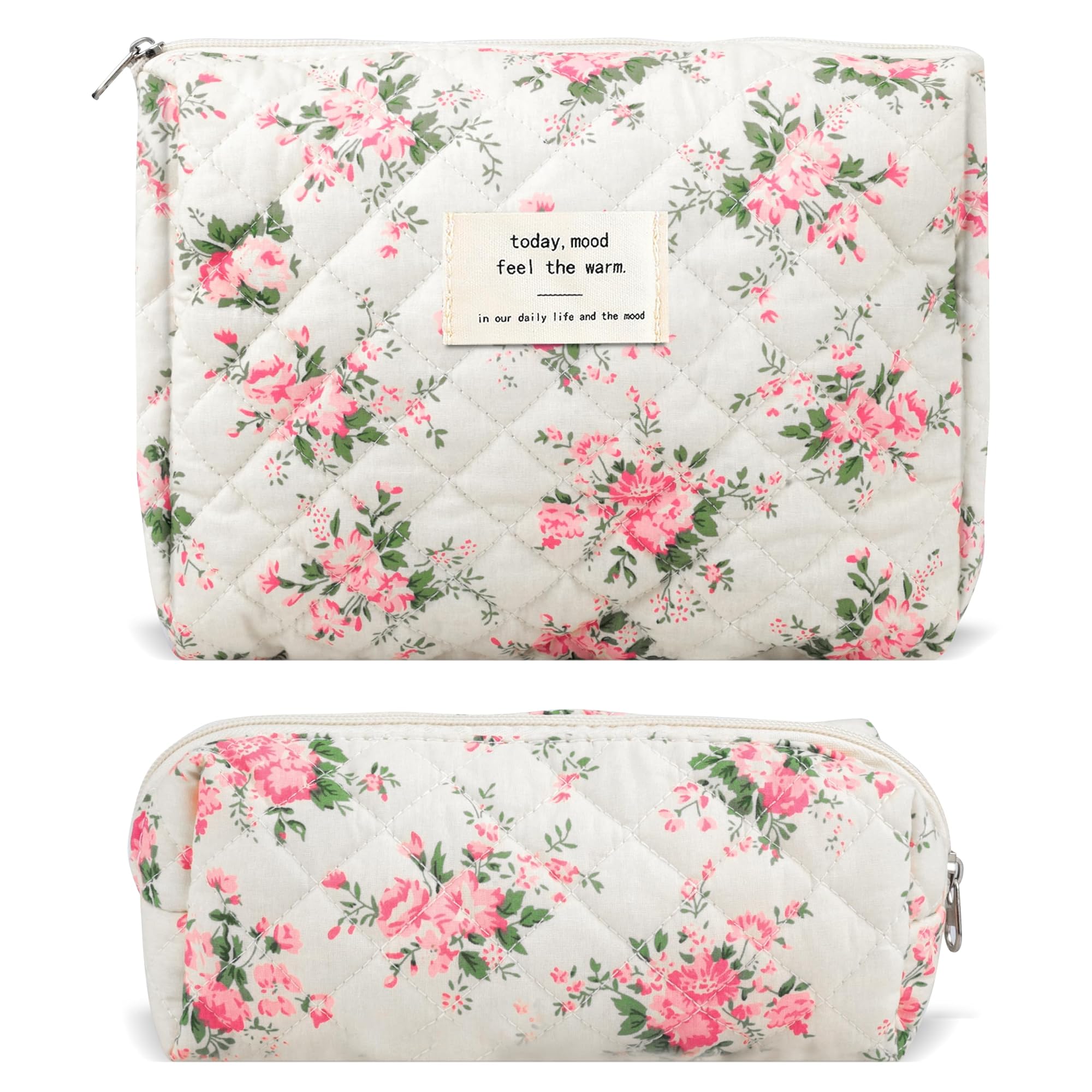 2Pcs Quilted Cotton Makeup Bag Set, Floral Coquette Design
