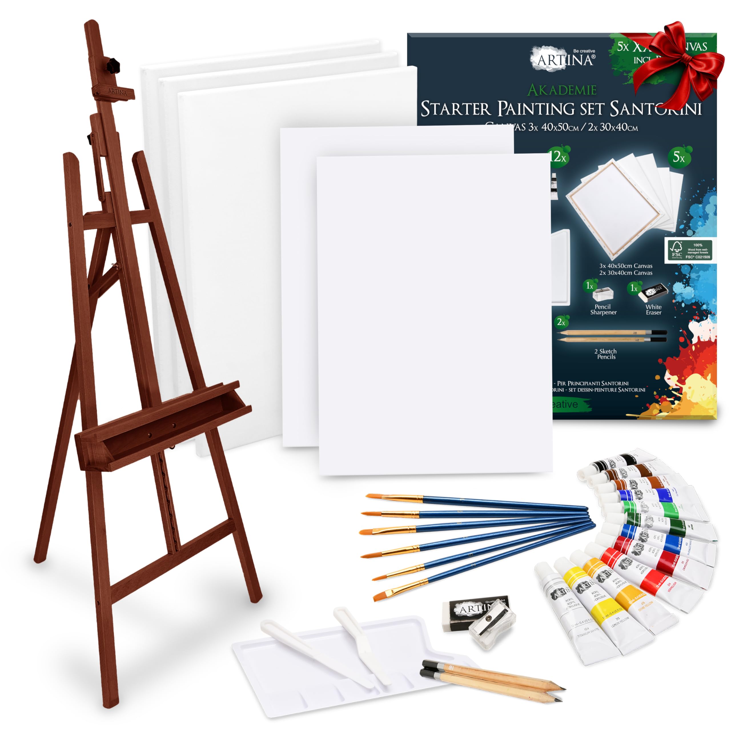 Artina – Kit pittura acrilica 30 pezzi con cavalletto in legno finitura noce Barcelona + tele serie Santorini per tele fino a 120cm, pennelli ecc. – set artistico per principianti e hobbisti