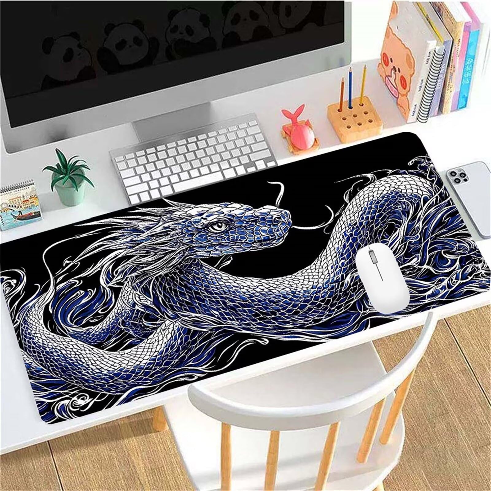 Alfombrilla Ratón Negro Serpiente Alfombrilla Ratón XXL 1400x600x3mm Mouse Pad Resiste Salpicaduras, Extendida de Gran Tamaño con Bordes Cosidos, Mejora la Precisión y la Velocidad, Duradera y-203