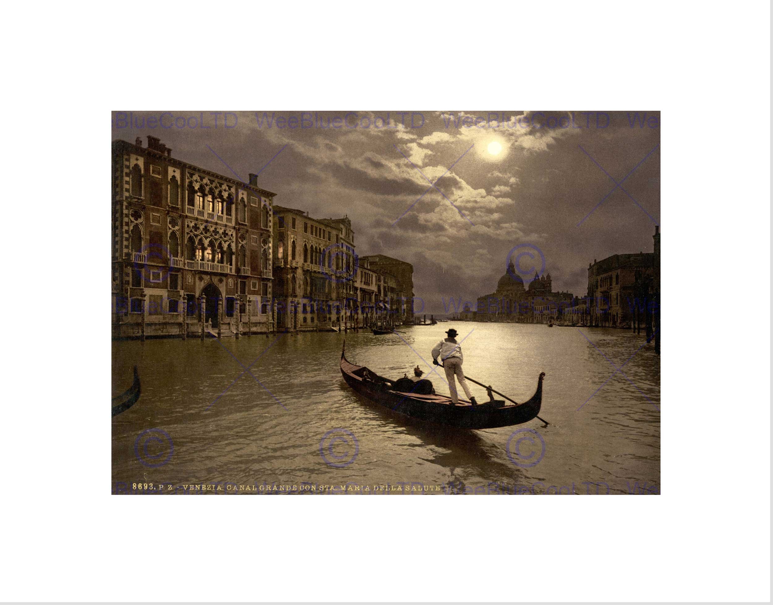 Wee Blue Coo Vintage Moonlight Moon Grand Canal Gondola Venice Italy Wall Art Print