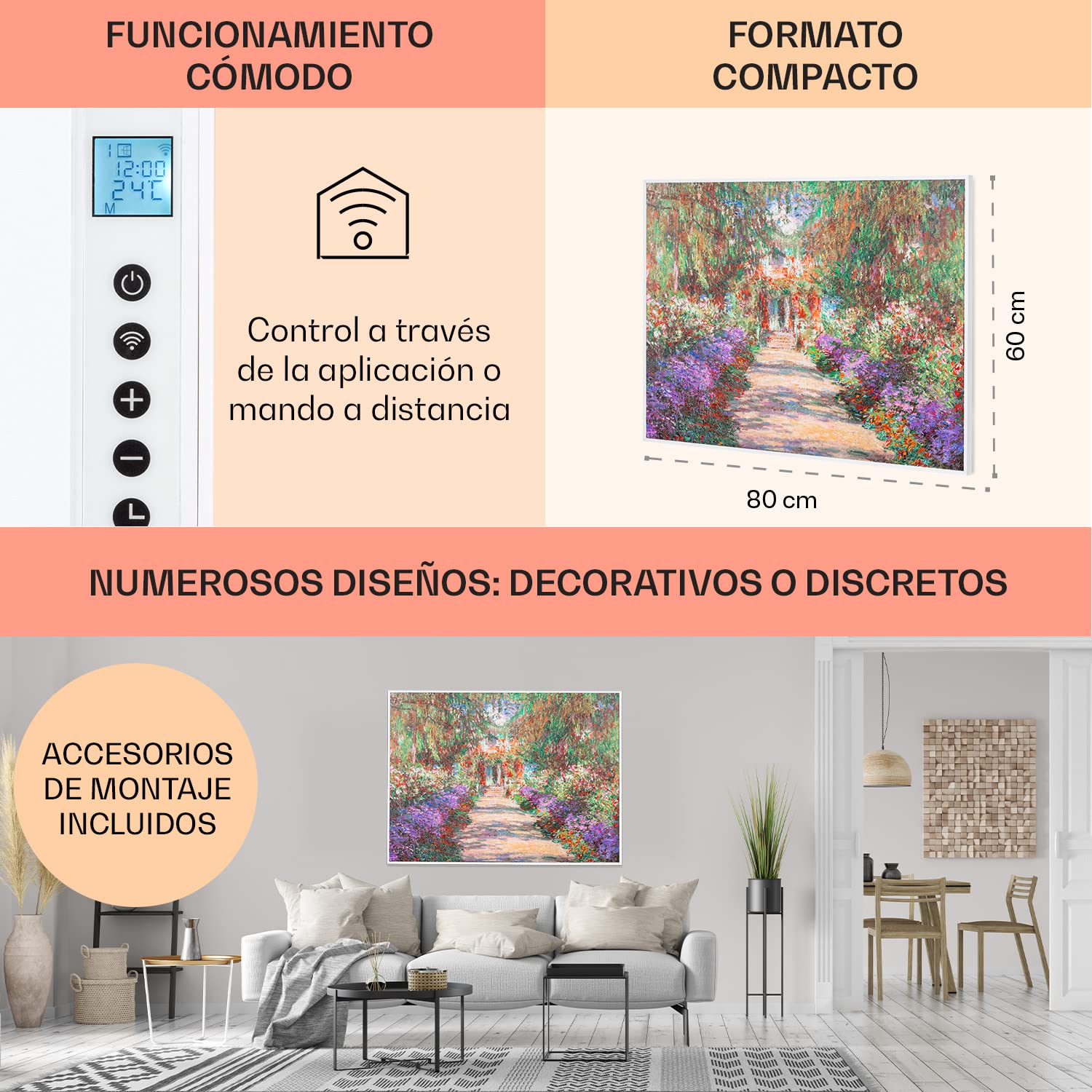 Klarstein Radiador Infrarrojos Pared Potencia, 500W, Placa Calor Bajo Consumo App,loT Wifi, Panel Radiante Bajo Consumo, Infrarrojos Calefaccion, Calefactores Infrarojos Panel Radiante Pared