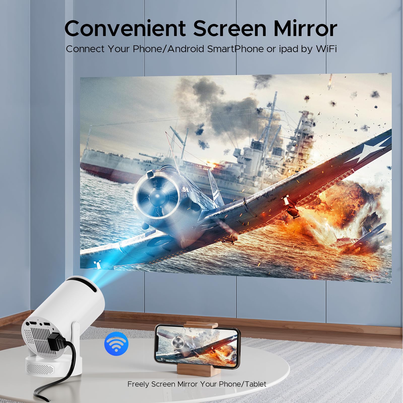 Mini Projector with WiFi and Bluetooth, 4K Support Portable Movie Projector, 300 ANSI Lumen, Android 11, 220° Rotating Stand, 5W Base Speaker, Auto Vertical Keystone, HDMI/USB Compatible for Bedroom view 3