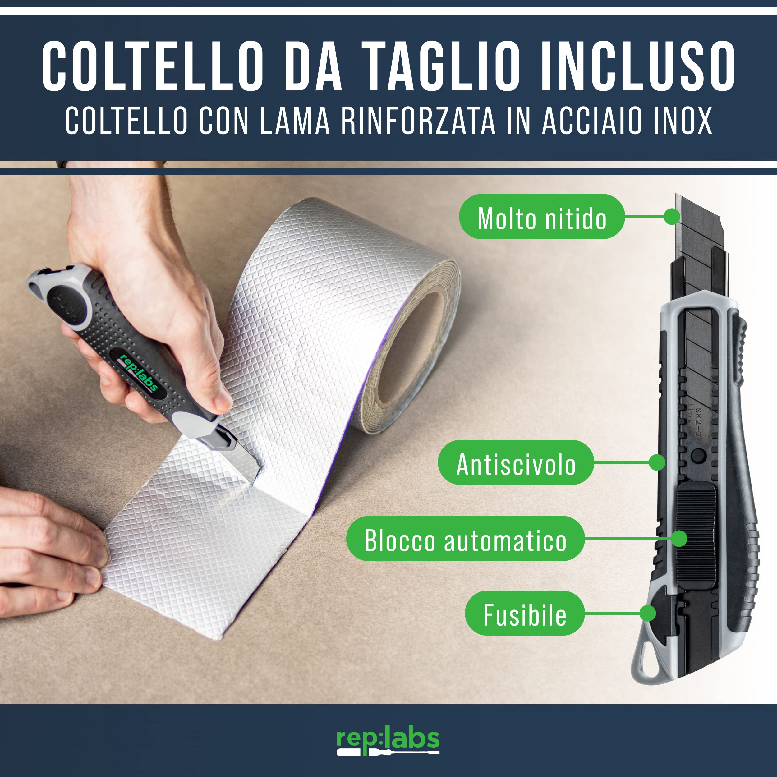 Nastro di riparazione butilico impermeabile (5m) con taglierino Nastro sigillante autoadesivo per riparazioni di grondaie o piscine 10cm di larghezza x 1,5mm di spessore