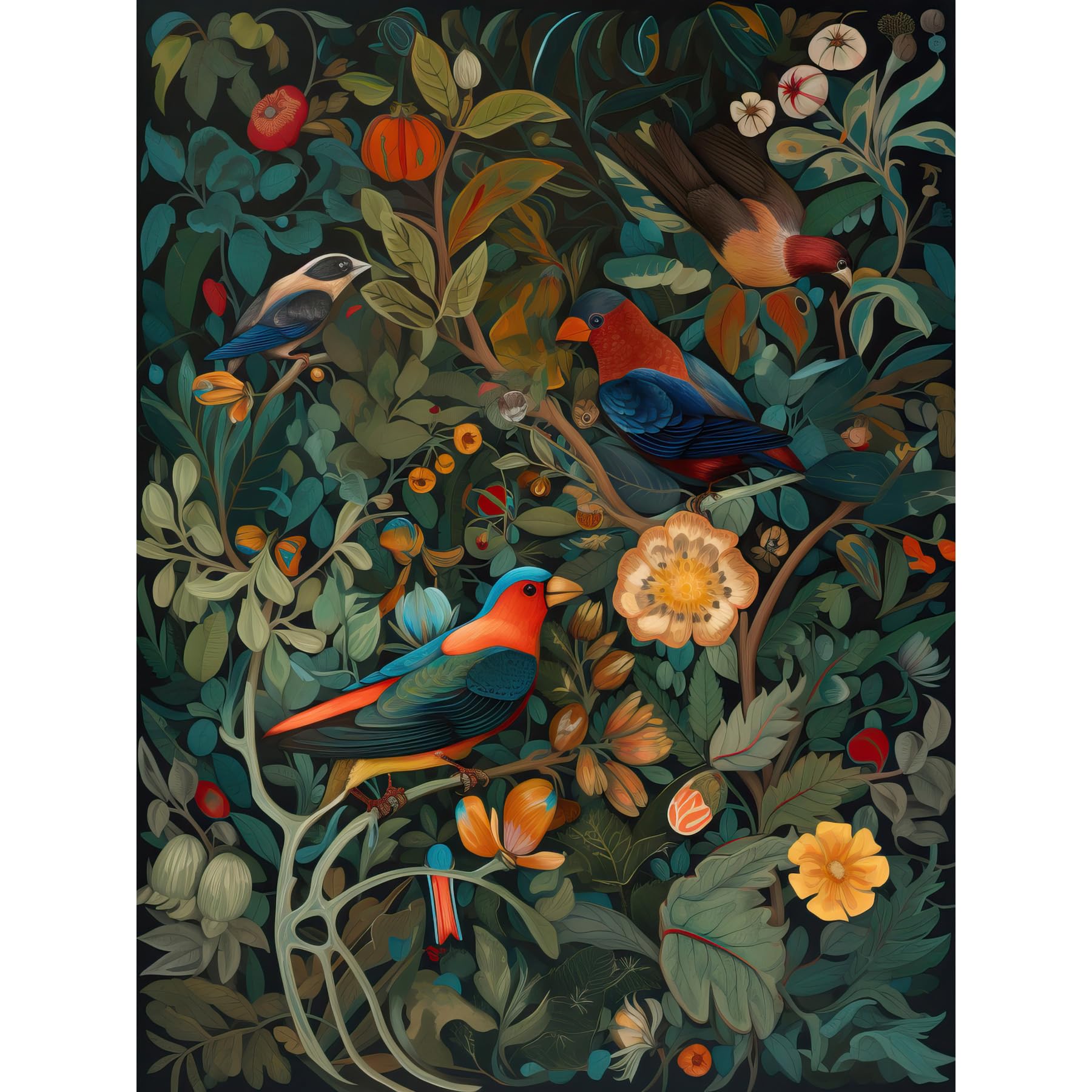 Artery8 Parrots on Exotic Blooming Trees Modern Folk Art Extra Large XL Wall Art Poster Print