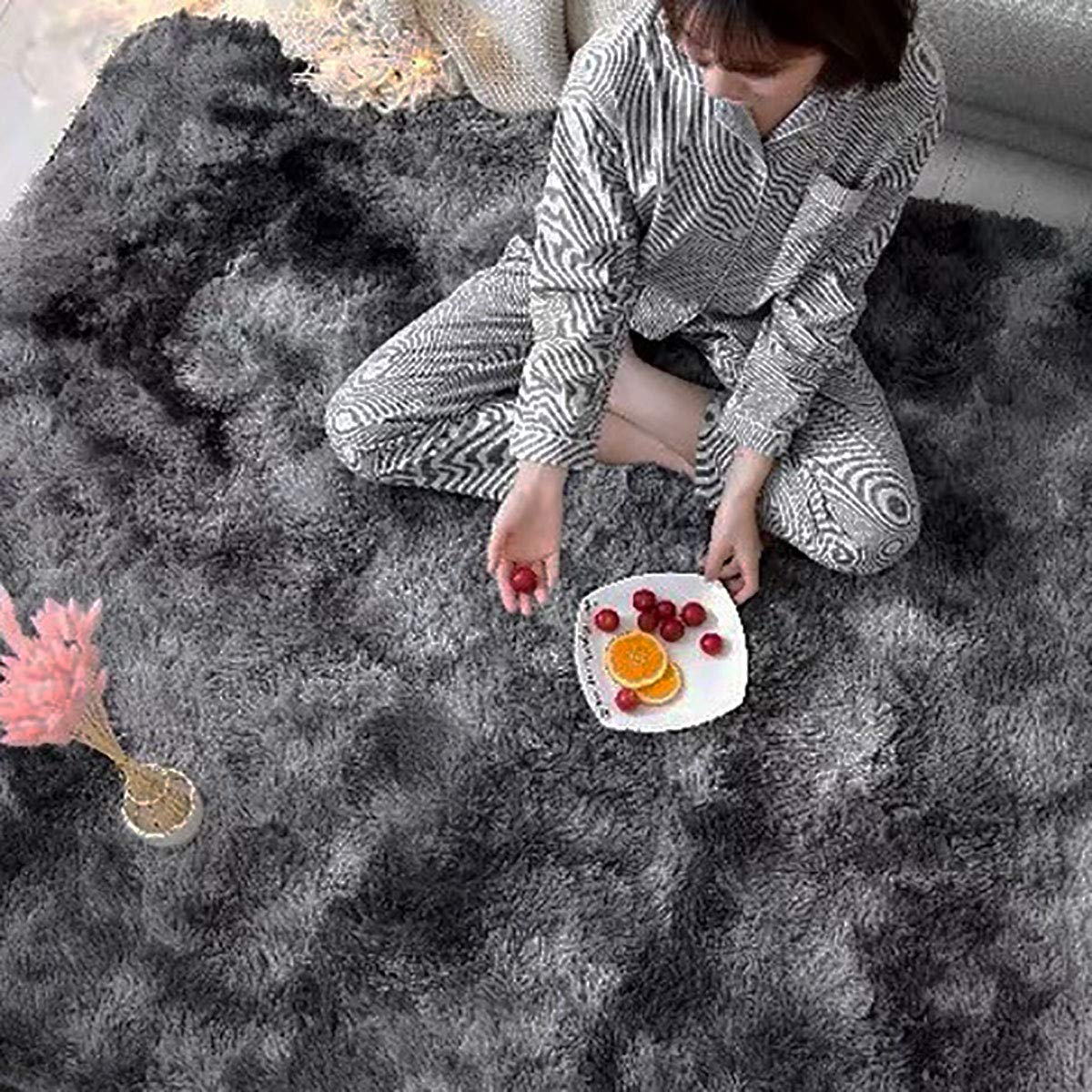 Tappeti Salotto Tappeti Moderni Soggiorno Shaggy Tappeto a Pelo Lungo Tappeti Camera da Letto Scendiletto Moderno Tappeto Camera da Letto Cameretta Peluche Grande (Nero grigio, 135*185cm)