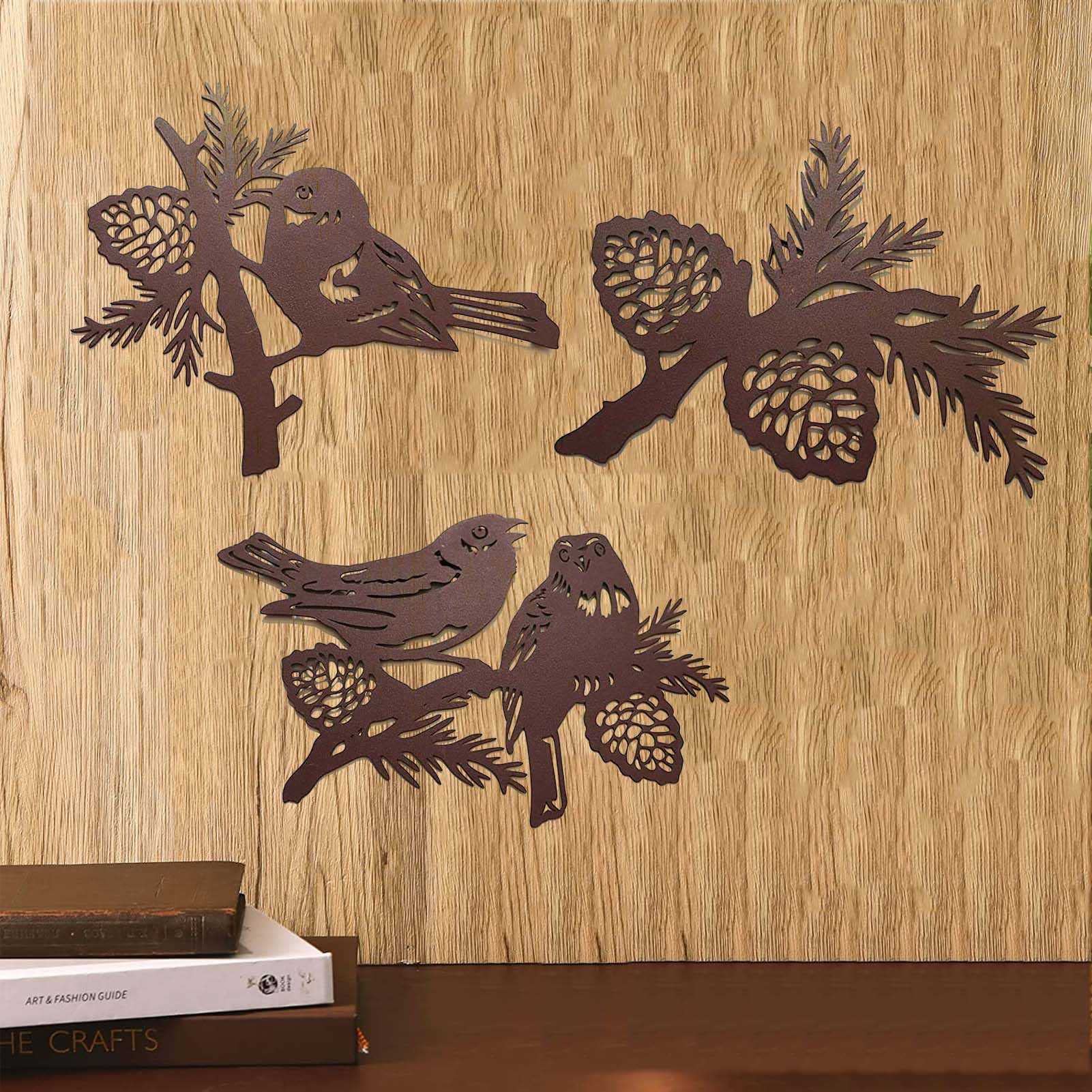 Exquisite Wall Sculpture Art Decor Birds with Pine Tree Pine Cones Set of 3, Metal Bird and Pine Cone Wall Art Decor, Bird Wall Sculpture On Branch, For Home Bathroom Bedroom Lodge, 3pcs