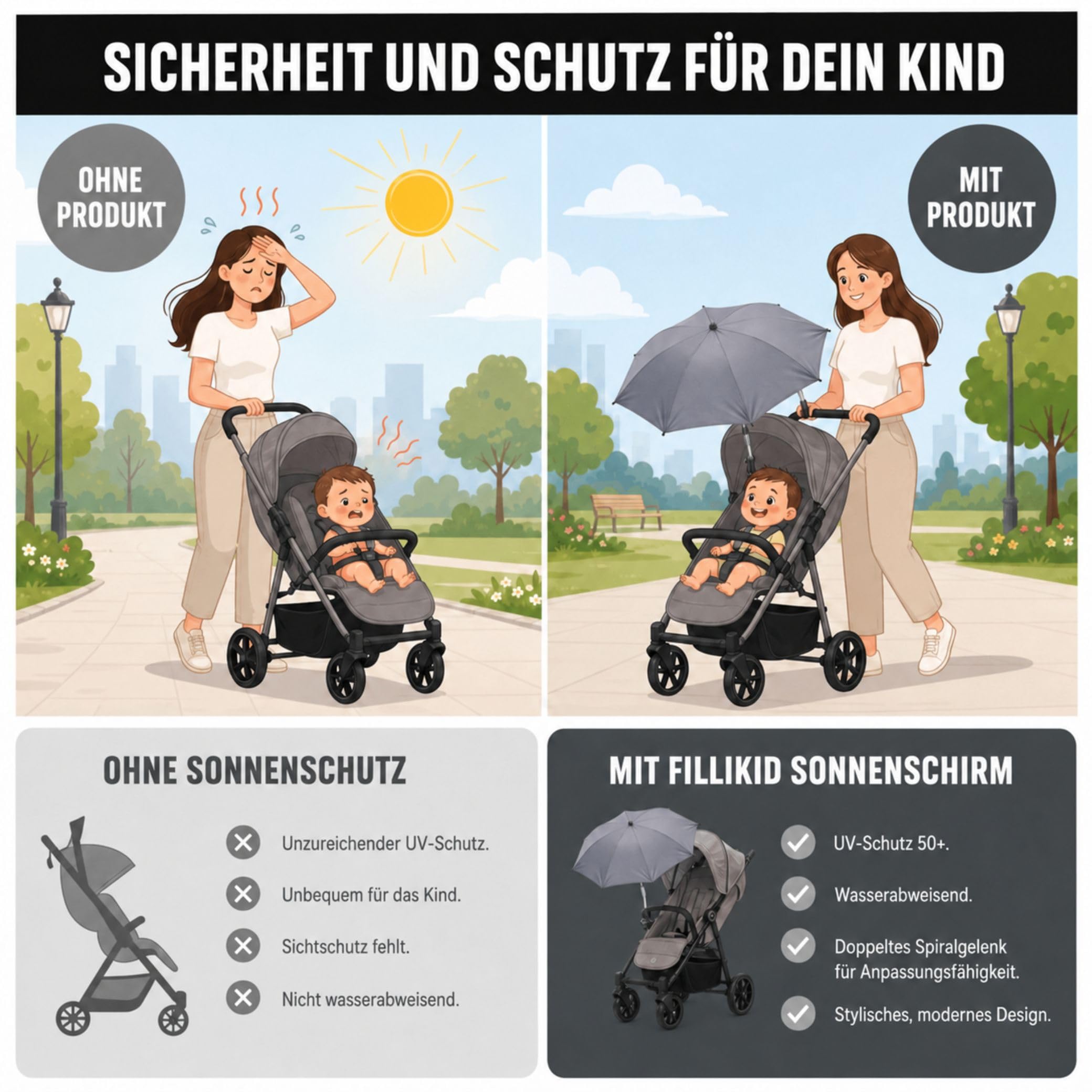 Fillikid Sonnenschirm Exklusiv für Kinderwagen & Buggys | Stilvoller Sonnenschutz für kleine Entdecker | UV-Schutz 50+, wasserabweisend, trendiges Design & einfache Montage | 72 cm Durchmesser