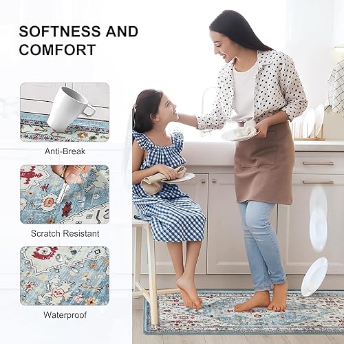 Miniatura 4 de Collive Juego de 2 tapetes y tapetes de cocina bohemios, acolchados antifatiga, impermeables, antideslizantes, cómodos para cocina, hogar, oficina,