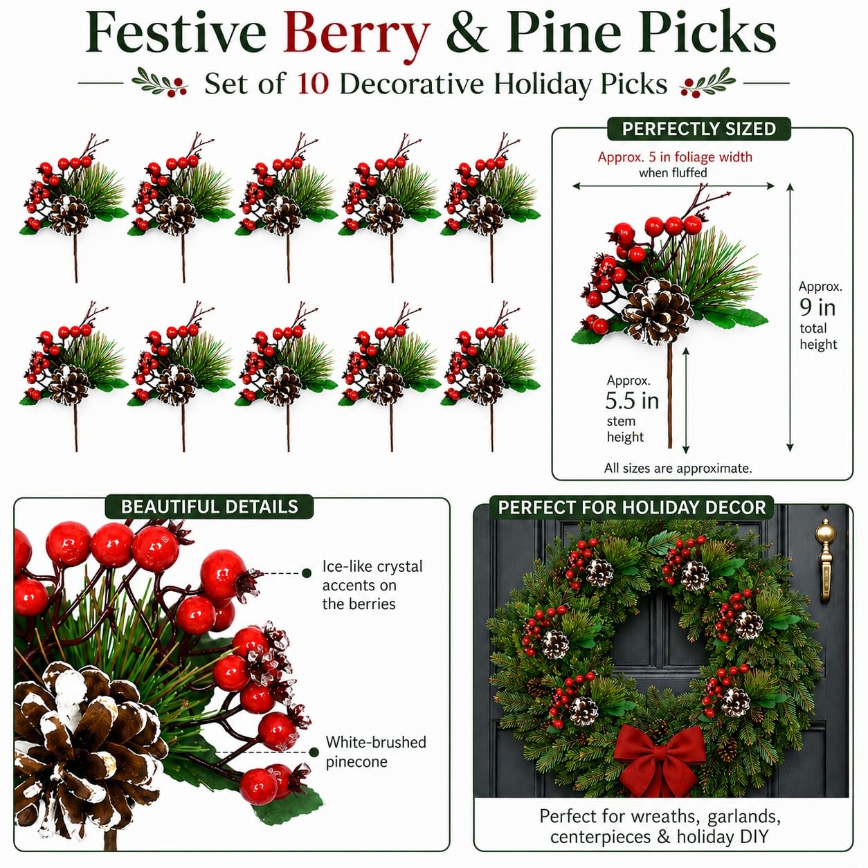 BANBERRY DESIGNS Pine Branches and Red Berry Picks - Set of 10 Stems with White Snow Covered Pine Cones and Berries - Christmas Artificial Floral Sprays Sprigs - Approx.