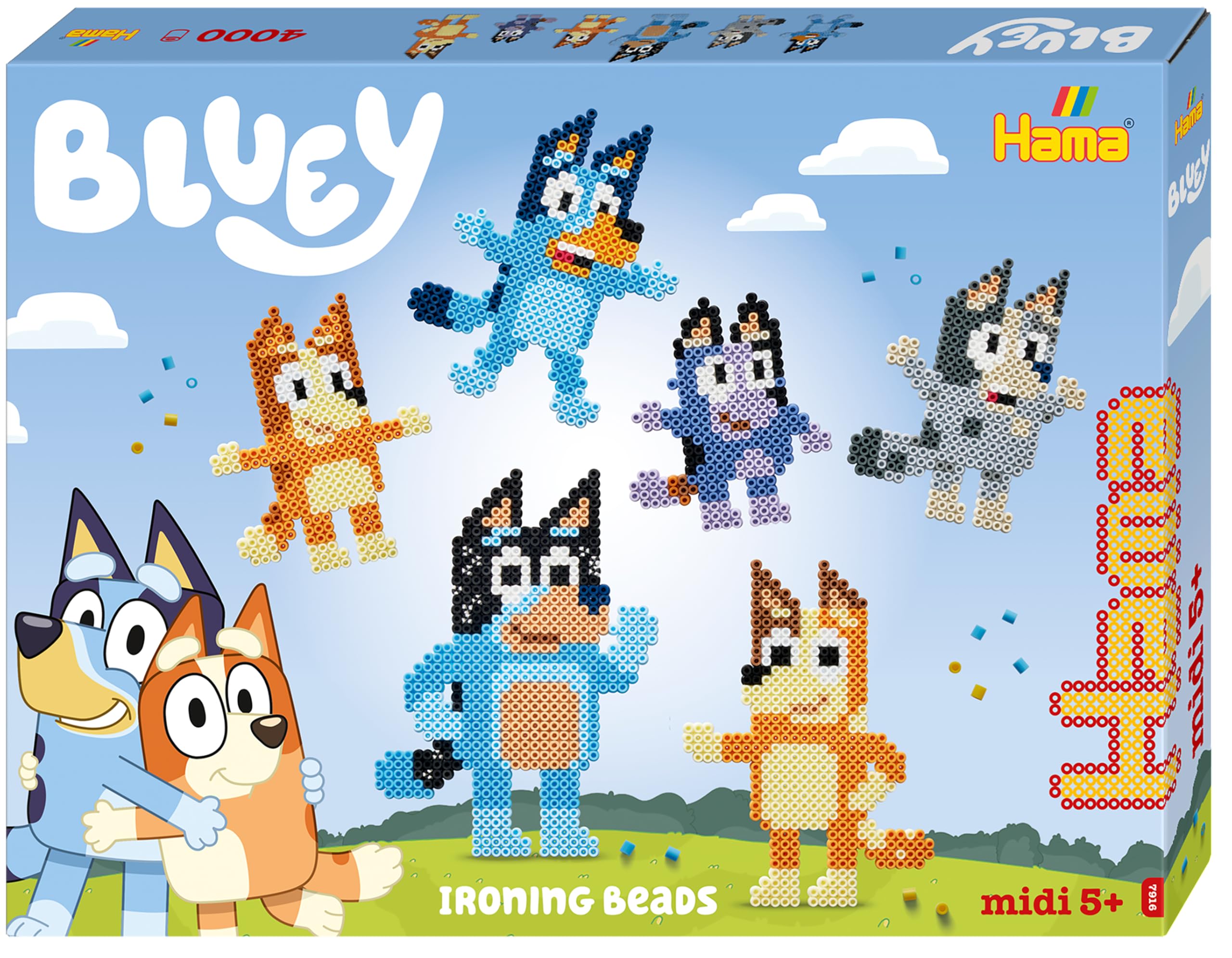 Hama Bluey Gift Box, Iron on Fuse Bead Set, 4000 Beads with 2 Square Pegboards, Design Sheet and Instructions, Ages 5+, Arts and Crafts for Children