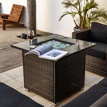 Outdoor Propane Fire Pit Table for Outside Patio, 30 Inch Wicker Fire Pit Table with Lid, Square Gas Fire Pit for Garden, Pool, Backyard, 40,000 BTU, Tank Inside, Espresso Color