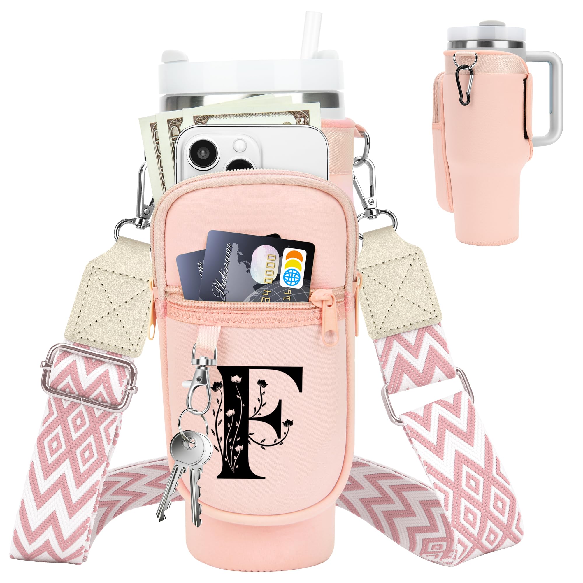 Initial Water Bottle Holder with Strap for Stanley Cup 40 oz Tumbler