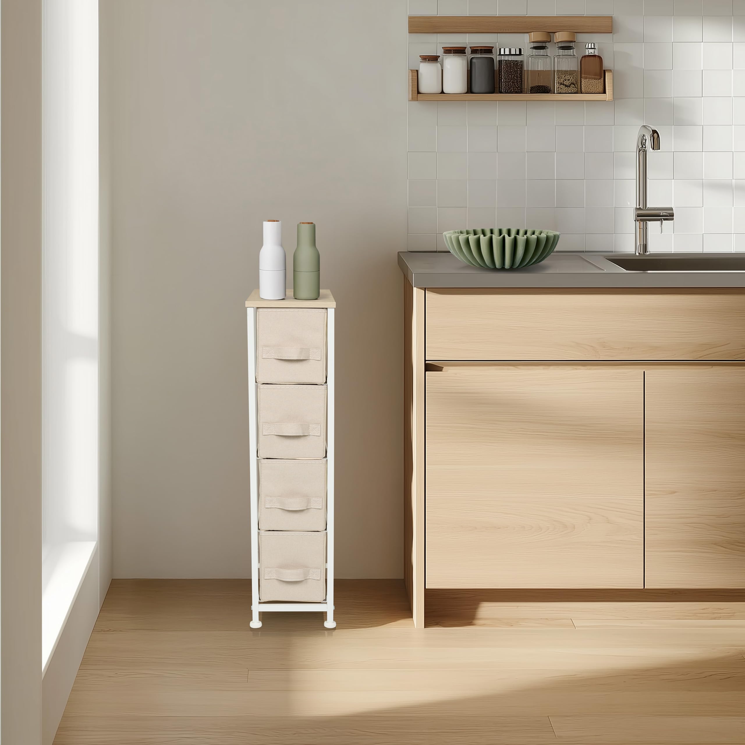 Commode avec 4 tiroirs en Tissu FOLDRESS S 20x48x76 cm Commode à tiroirs Organiseur, Pieds réglables en Hauteur, Structure métallique, Beige