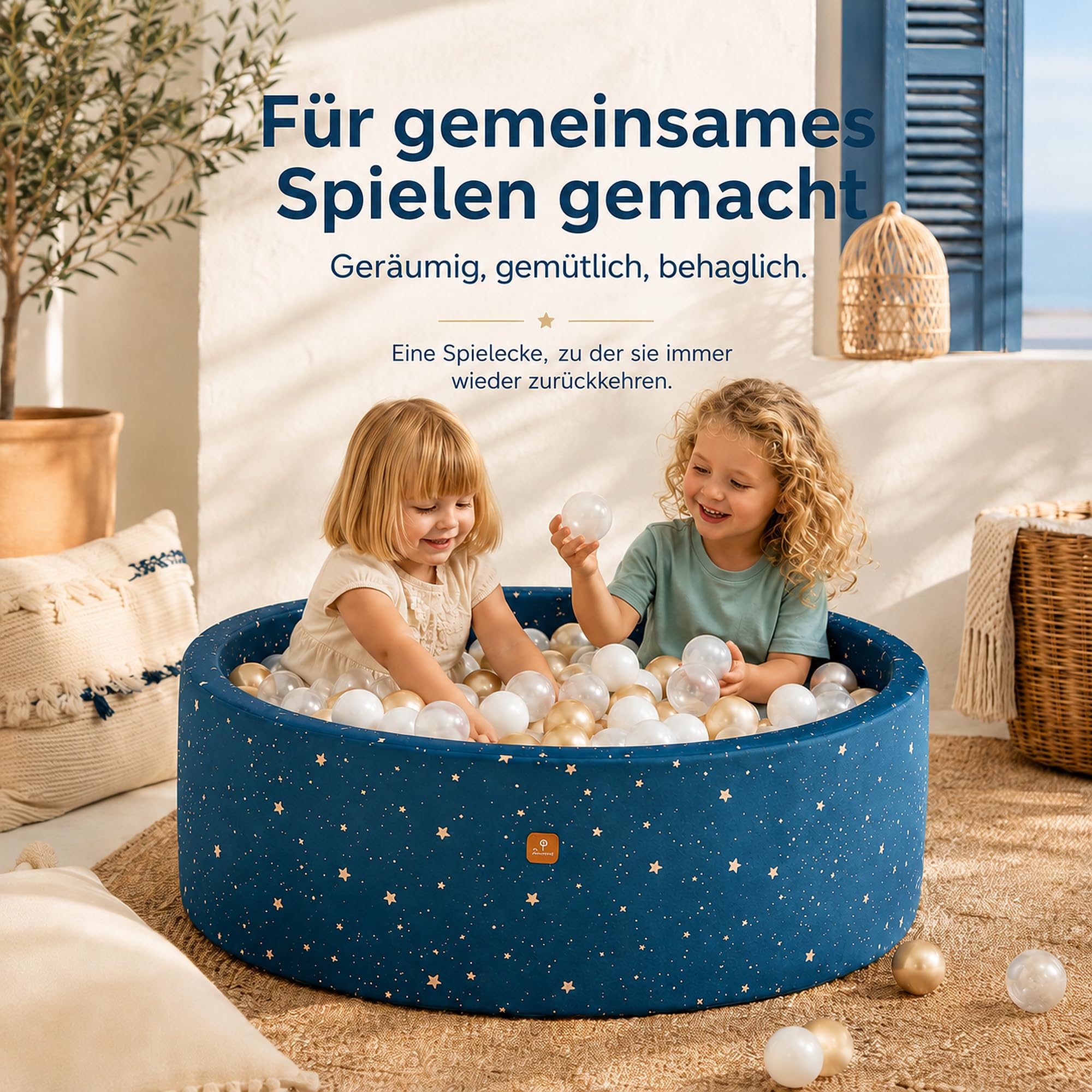 Bällebad 90X30cm/200 Bälle ∅ 7Cm Bällepool Für Babys Kinder Rund,Superweicher Samt,Abnehmbar und waschbar,Nachthimmel:Weiß/Transparent/Gold