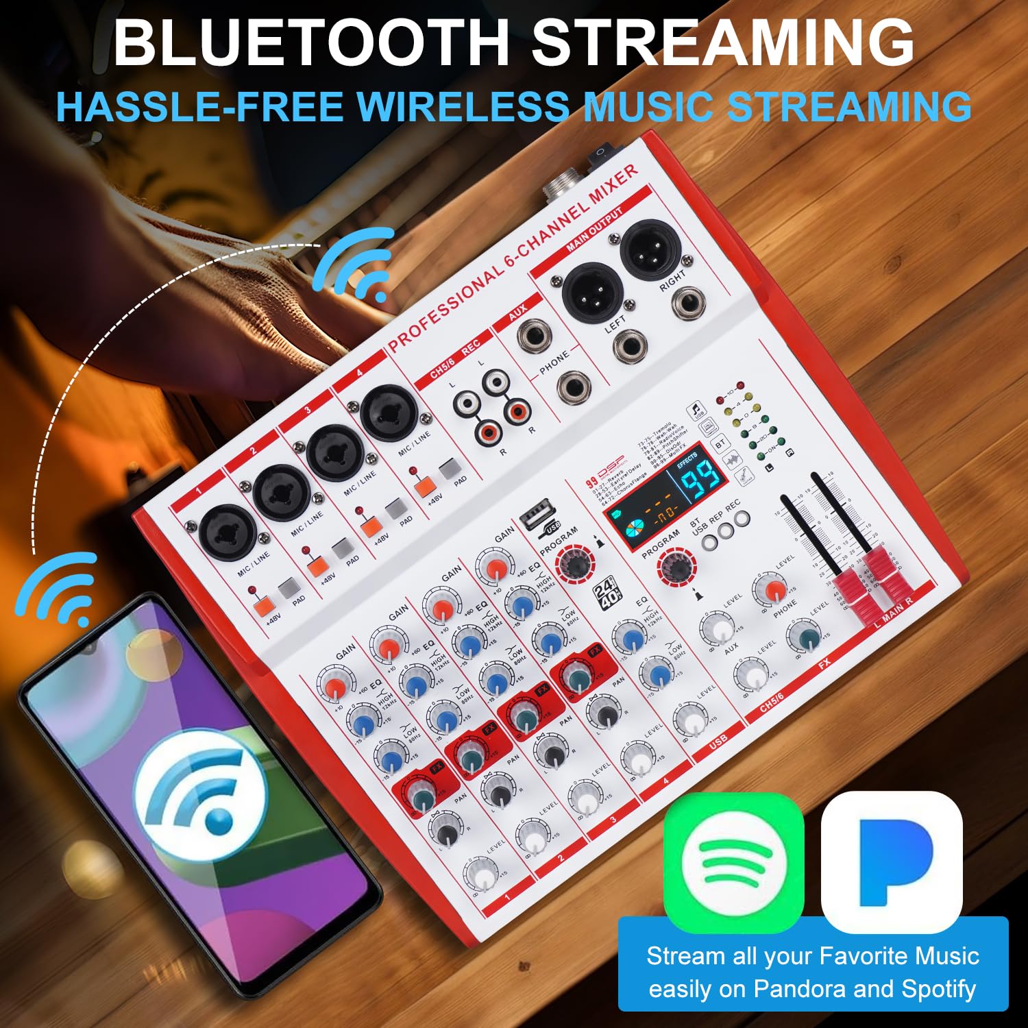 MW-6 White 6 Channel Professional DJ Audio Mixer, Portable Controller Mixer with DSP 99 Preset Effects for Live Streaming, Podcasting, Family Party, Music Recording