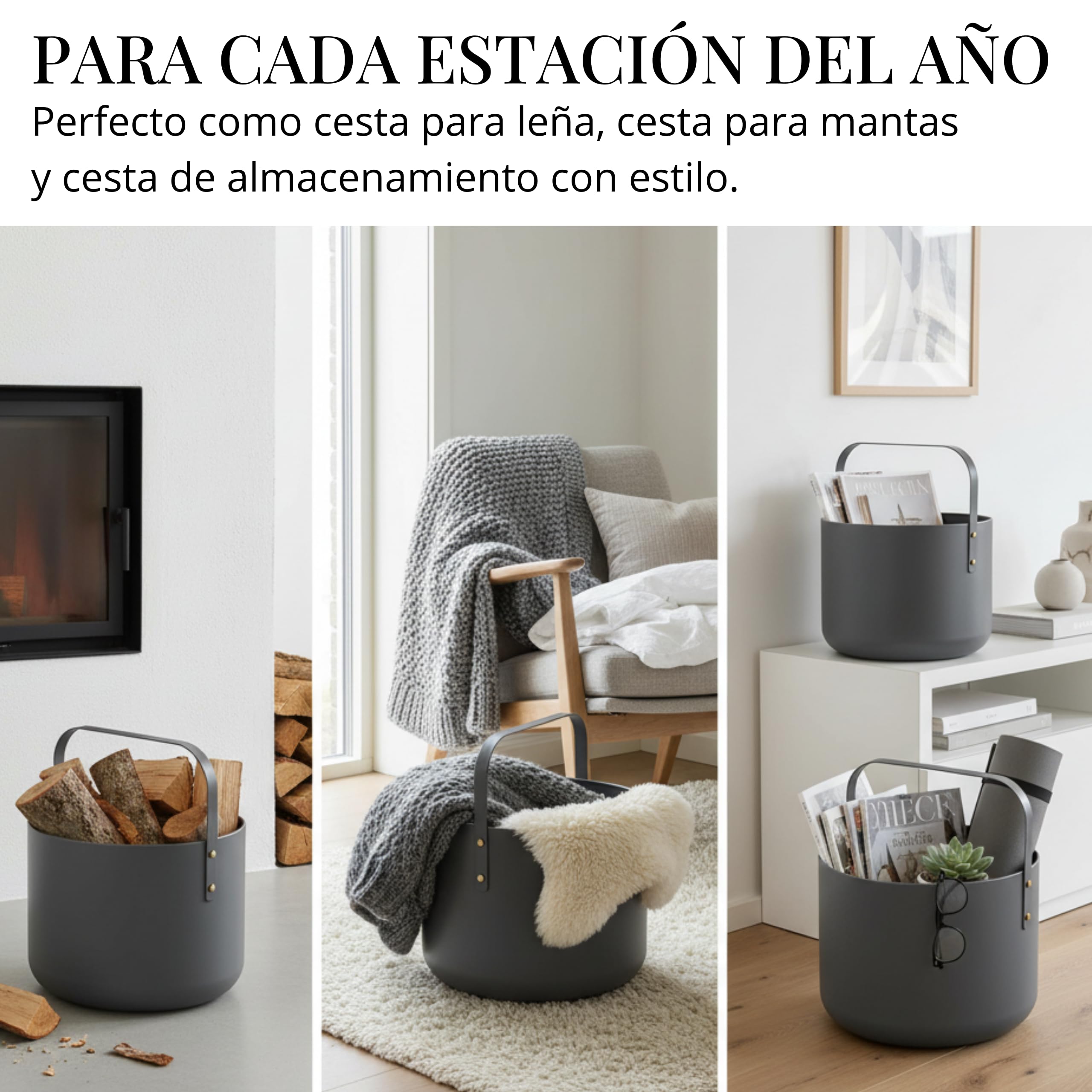 Cesta de diseño LIVLIG para leña de metal, cesta de madera para leña con asa, gran cesta para leña de 36 x 44 cm, cesta de leña como accesorio para chimenea, cesta de almacenamiento con aspecto mate