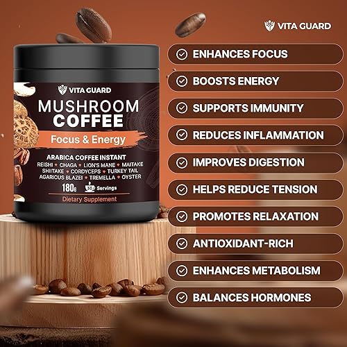 Miniatura 5 de Vita Guard Mezcla instantánea de café de hongos 10 - Melena de león, Cordyceps y Reishi - Arábica premium con polvo de coco - Enfoque, energía y