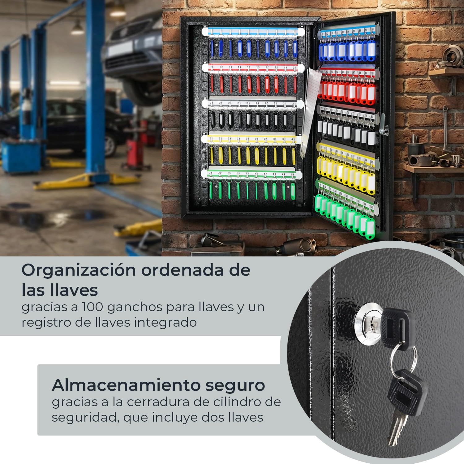 HMF Armario para Llaves Grande de Acero, Caja Llaves Pared con Cerradura para Oficina, administración o Flota de vehículos | 100 Ganchos para Llaves | 55 x 38 x 8 cm | Negro