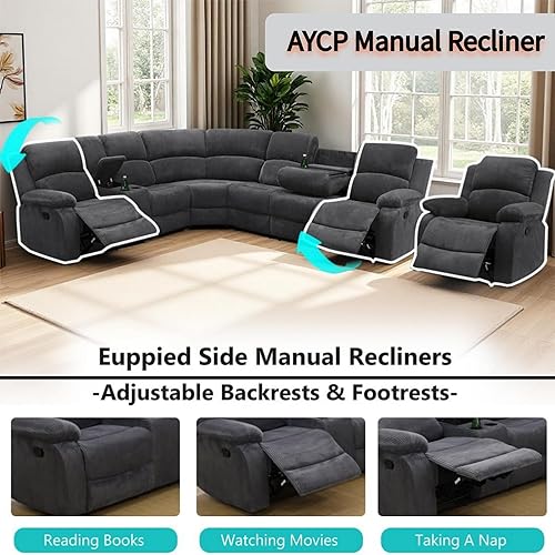 Miniatura 3 de Juego de sofá reclinable manual con mesa desplegable, juegos de sofás de pana, juegos de muebles de sala de estar, juegos de sofá reclinable manual