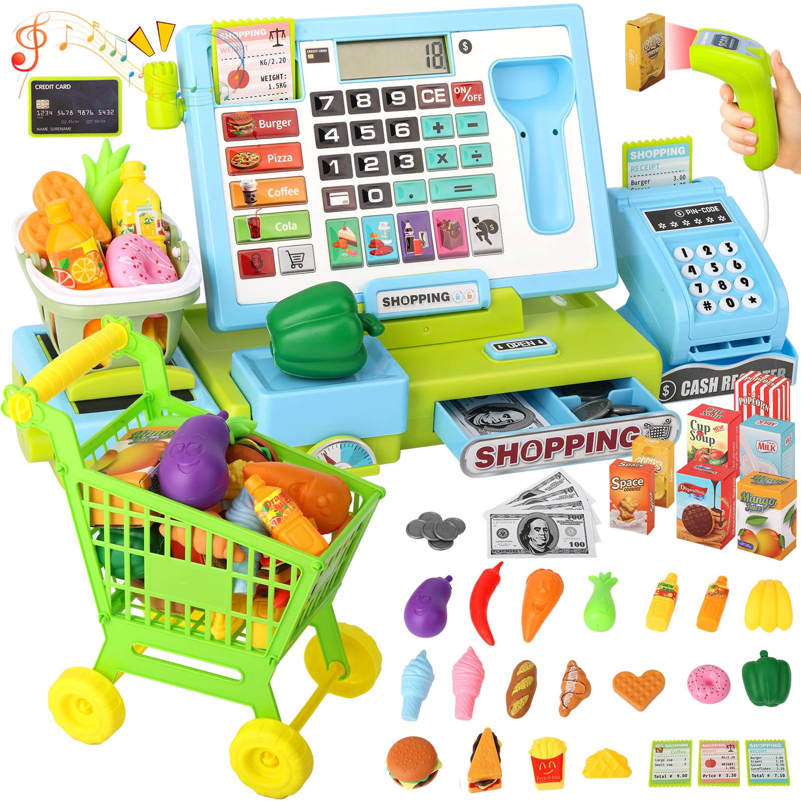 Caja Registradora Juguete Niños Juego de Imitación Supermercado con Sonidos, la Compra, Regalo Educativo para Niños y Niñas de 3, 4, 5, 6 Años (Blau)