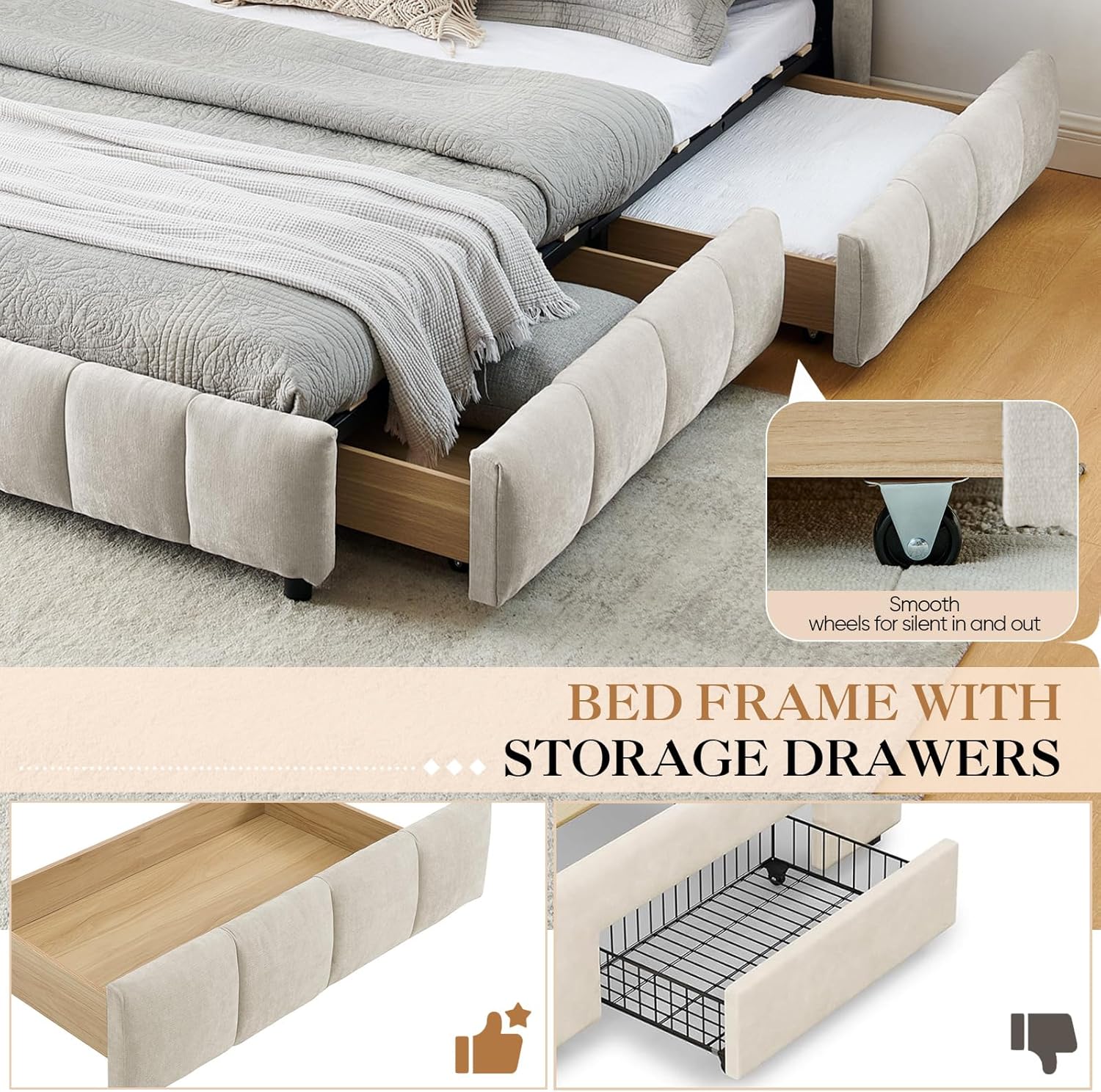 Upholstered Bed Frame Queen Size with 4 Storage Drawer & Tufted Headboard, Modern Chenille Floor Bed with Wood Slat Support, No Box Spring Needed for Bedroom Guest Room, Easy Assembly, Beige