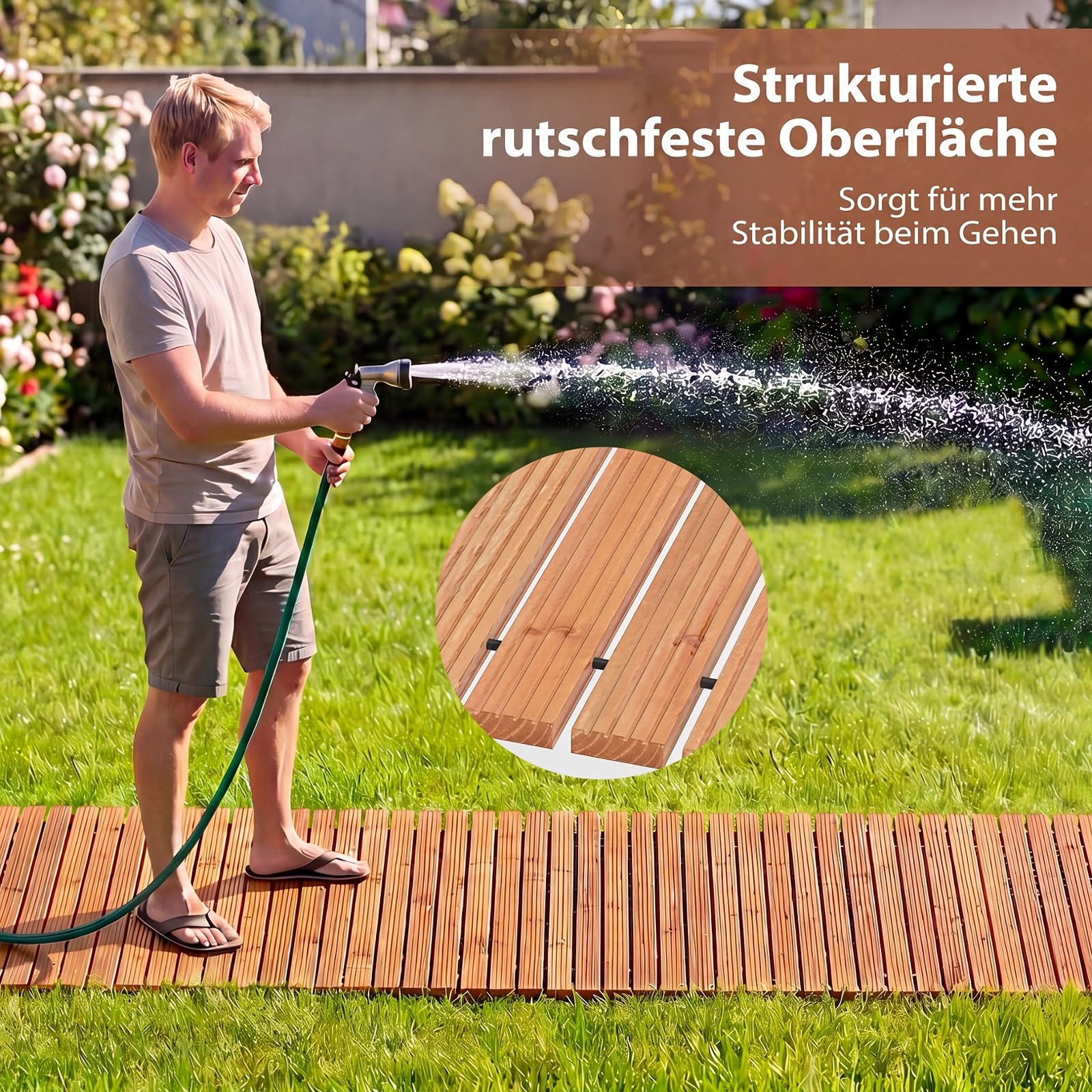 GYMAX 367 cm Rollweg, Holzpfad ausrollbar mit Rutschfester Oberfläche, wetterfester Gartentritt, tragbarer Gartenweg für Garten, Rasen, Strand, Hochzeit, Party (Natur)