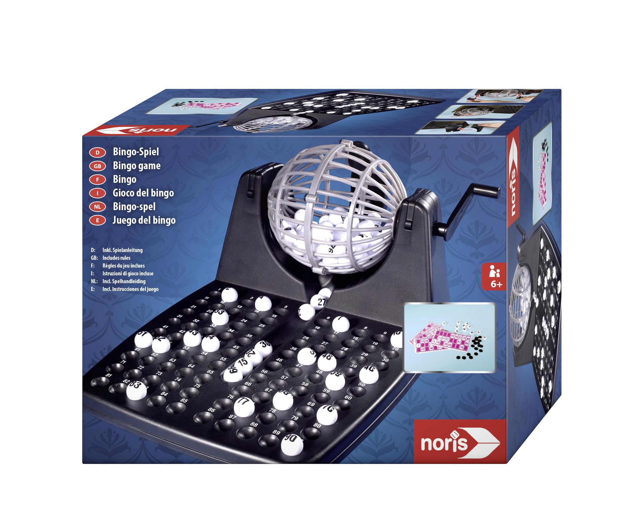 Noris 606150493 Bingo Drum with Chips, 90 Balls and 12 Bingo Cards, Action Game for the Whole Family, for Children from 6 Years, Multicoloured/Sea Waves (Ocean Tides)