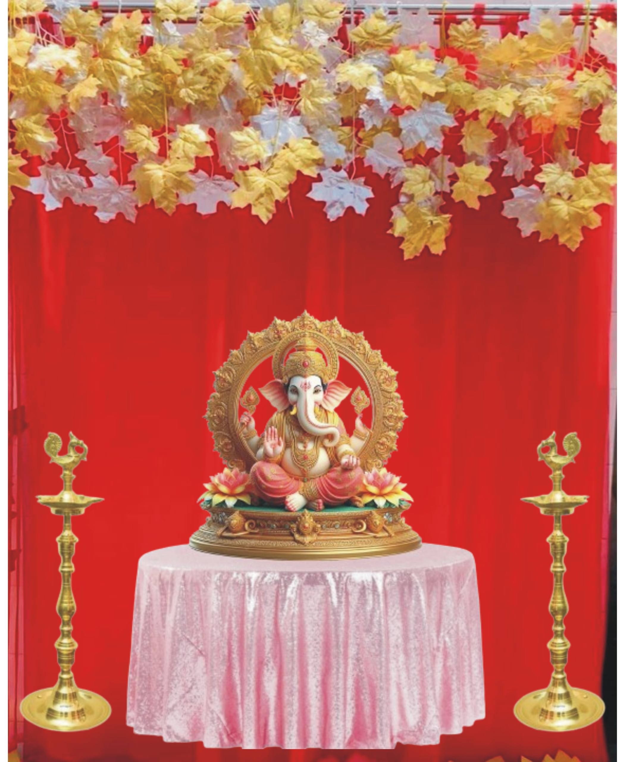 Lazybeee 17pcs Elegant Red Sheer Backdrop Net Cloth with Gold & Silver Maple String & for a Festive Home Decor Celebration Enhance Your Home with Ganpati Pandal Decoration Kit