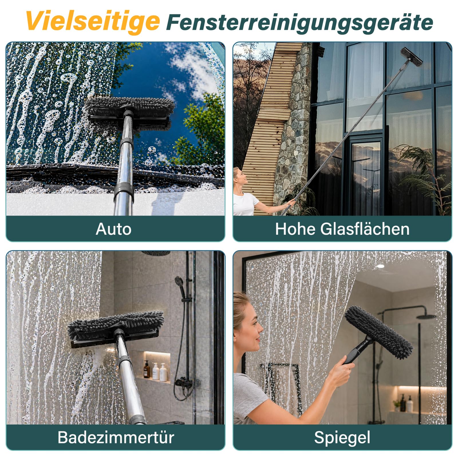 marysgift 2,9 M Teleskop Fensterwischer Abzieher Set, Staubwedel Teleskop,2 in 1 Teleskopstange Fensterreinigung für Bad, Fenster, Glas, Spiegel, Auto,Staubwedel Lang Ausziehbar für hohe Decken (Grau)