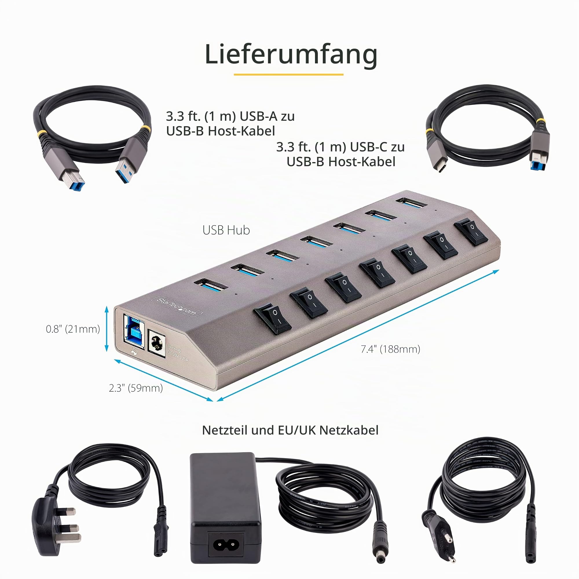 StarTech 7-Port USB-C Hub 5Gbps, Selbstbetrieben, EU (5G7AIBS-USB-HUB-EU) | Einzelschalter pro Port, USB 3.0, Mit Netzteil, USB-C auf USB-A Splitter, 65W, 1m Kabel, Für Desktop