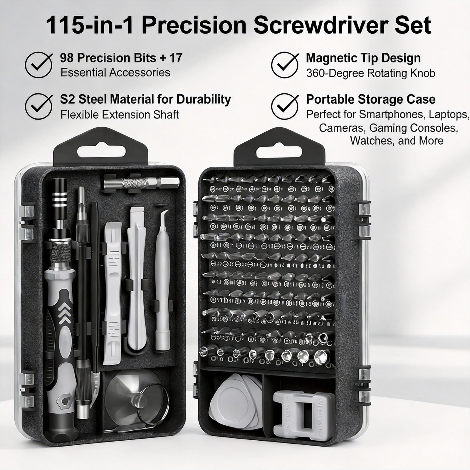 Kit de tournevis 115 en 1, petit ensemble de tournevis de précision, kit d’outils de réparation professionnel pour téléphone, ordinateur, montre, console, lunettes et électronique, cadeau pour homme - 5