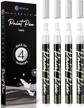 Stylo 4 Count Acrylic Metallic Pens - White Paint Pens - Fine Tip Permanent Acrylic Metallic Paint Markers for Rock Painting, Glass, Wood, Ideal for Arts and Crafts