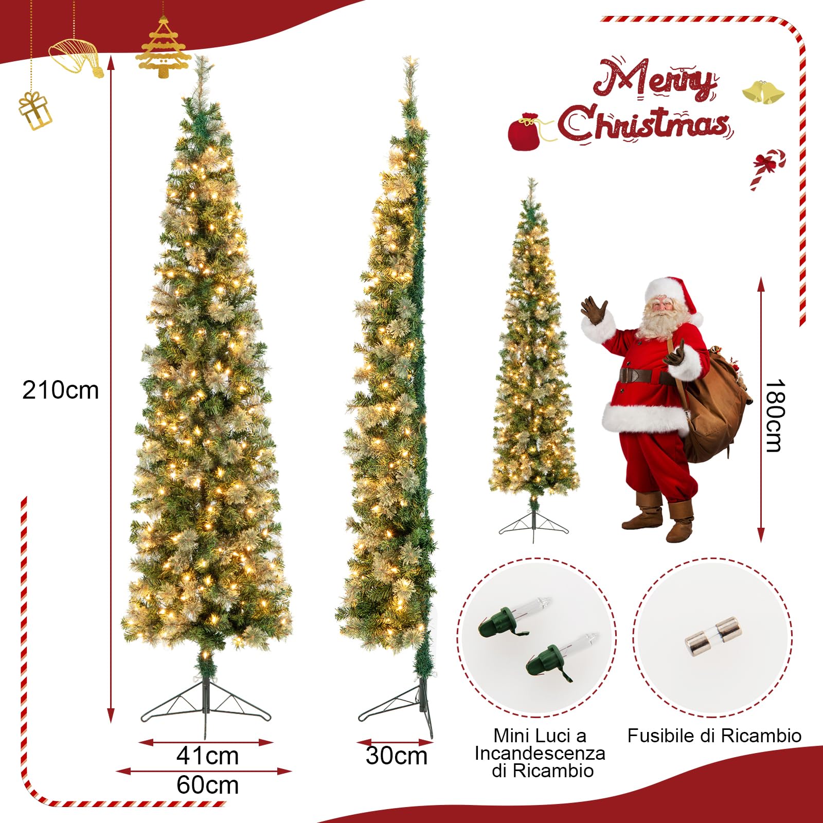 RELAX4LIFE Mezzo Albero di Natale da Parete 210 CM con Luci LED Incorporate, Rami Foglie Realistico in PVC, Base Pieghevole in Metallo, e Aghi di Pino (Modello 2)
