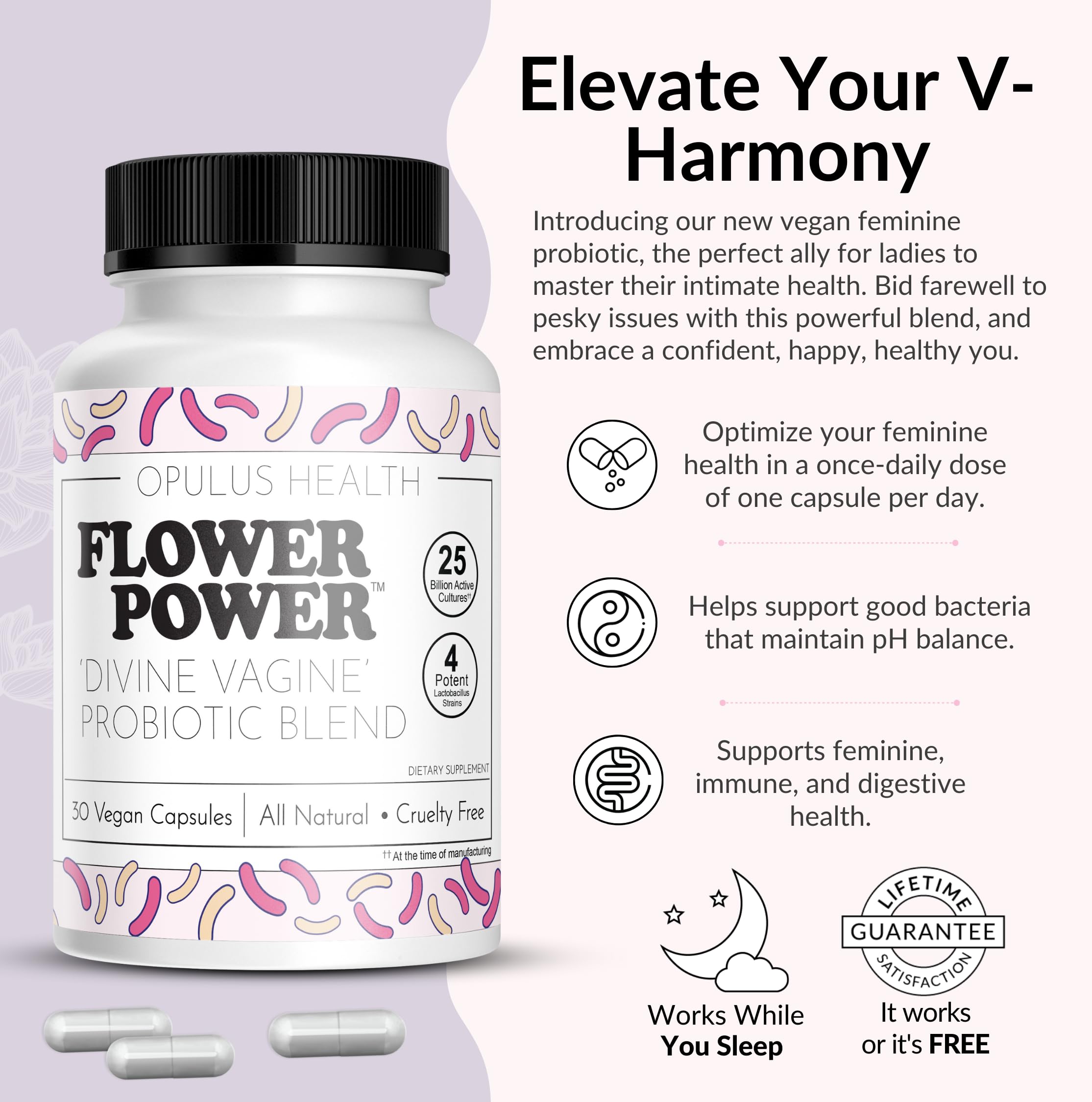 Flower Power Divine Feminine Wellness Blend Capsules – Daily Herbal & Probiotic Supplement for Women’s Balance & Wellness – 30 Count