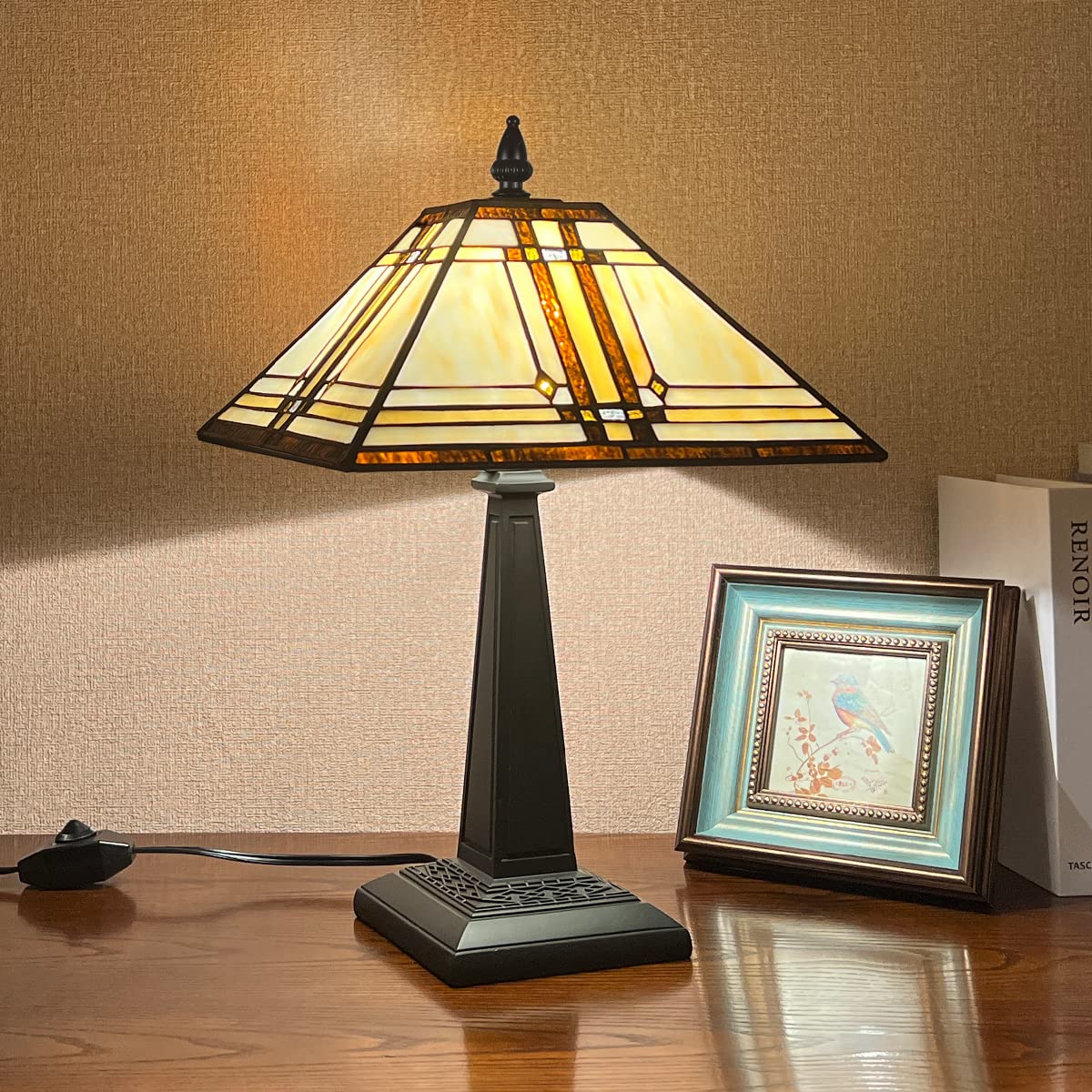 Thatyears Tiffany Lamp,Cream Diamond Stained Glass Table Lamp 12X12X19 Inches Mission Vintage Style Desk Reading Light Decor for Bedroom Living Room Home Office