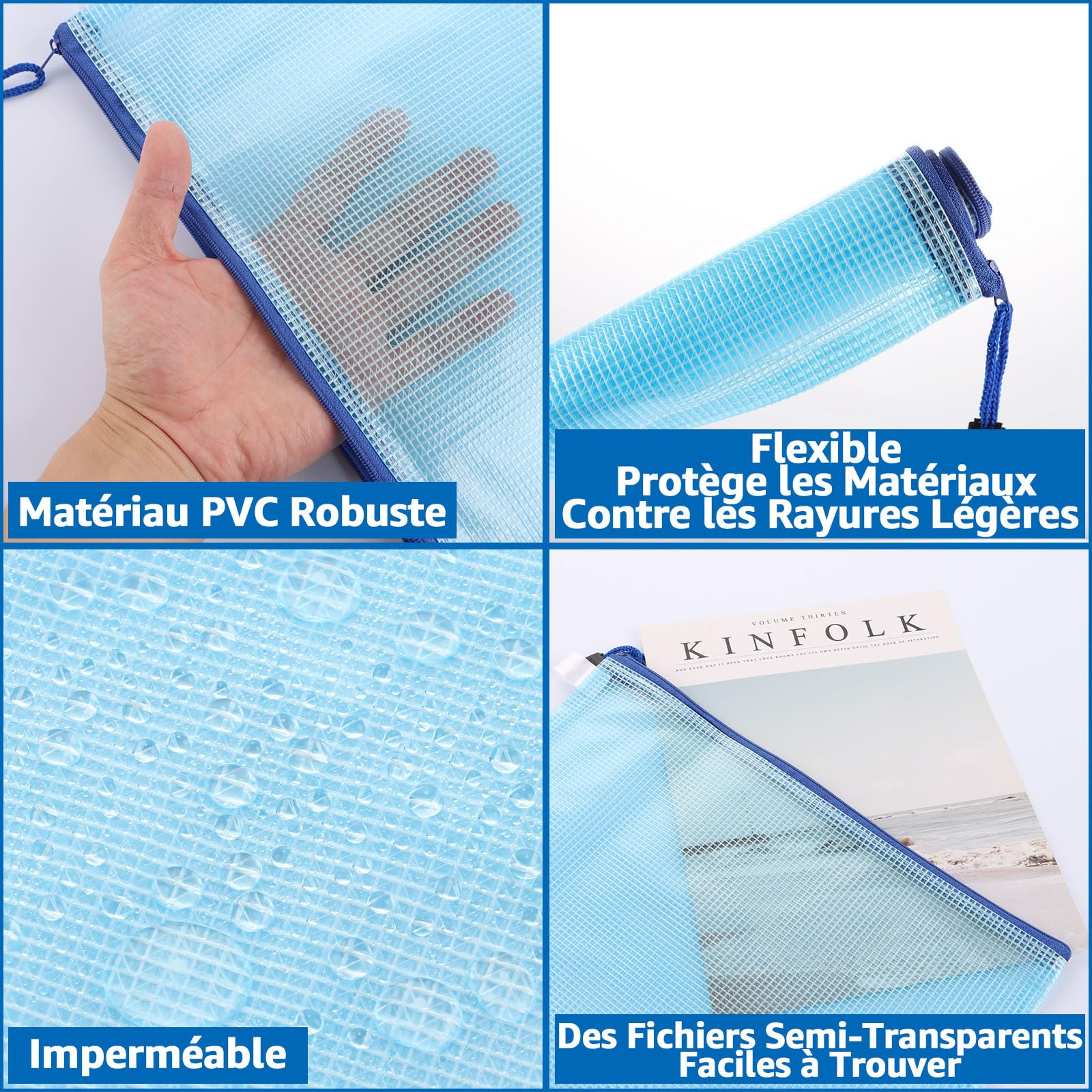 20 Pochettes A4 Zippées Transparentes - Rangement Document Imperméable - PVC Mesh - Idéal Bureau, école, Voyage