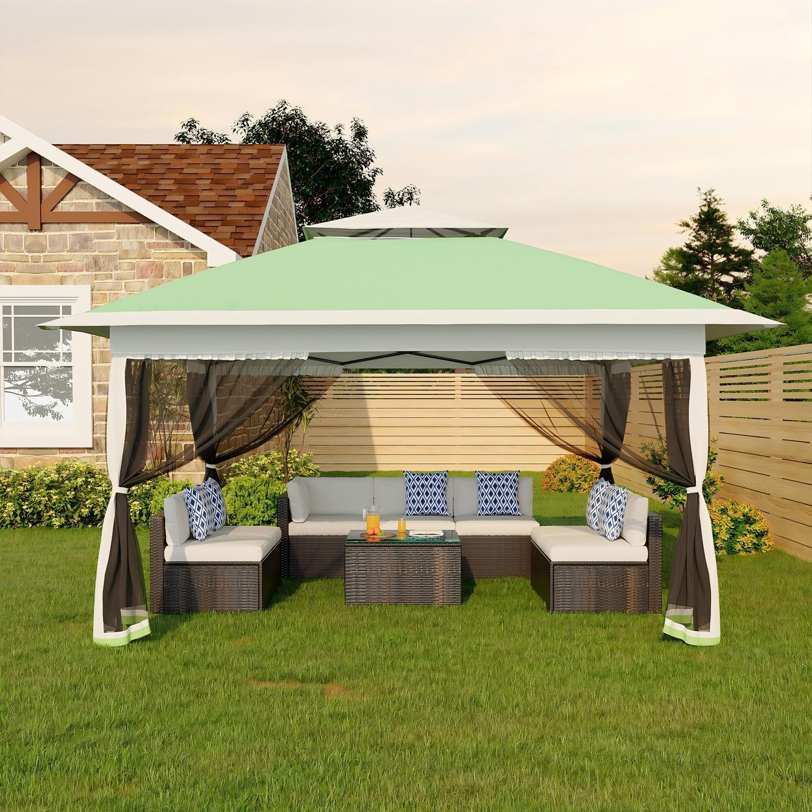Canopy Tent 13x13 ft, Heavy Duty Gazebo, 360° Ventilation, Pop Up Gazebo One-Push Setup with 4 SandBags for Patio, Garden, Family Parties and Camping, Mosquito Netting, Height Adjustable, Light Green