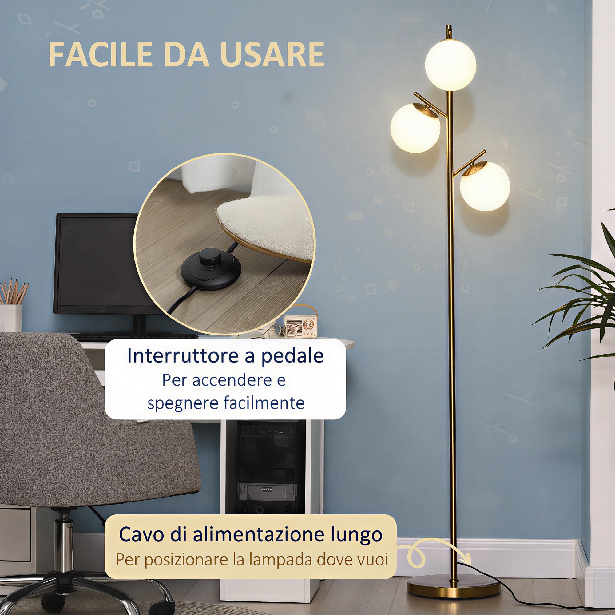 HOMCOM Lampada da Terra Moderna con 3 Punti Luce, Lampada a Piantana in Metallo e Vetro, Ø27x169cm, Oro