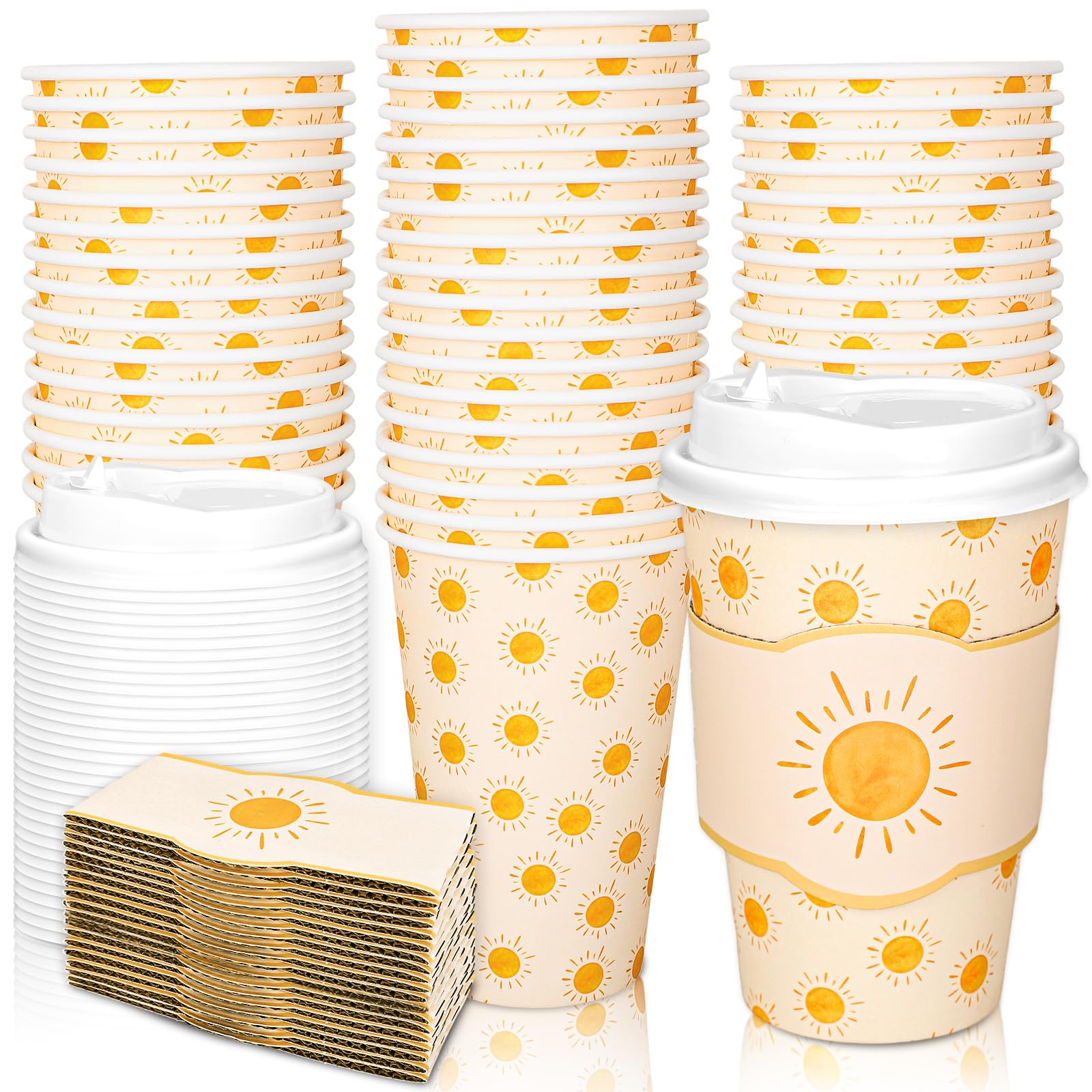 Whaline 50 Set Boho Sun Disposable Coffee Cups with Lids Sleeves 16 Oz Summer Yellow Sunshine Paper Drinking Cups To Go Coffee Cup for Birthday
