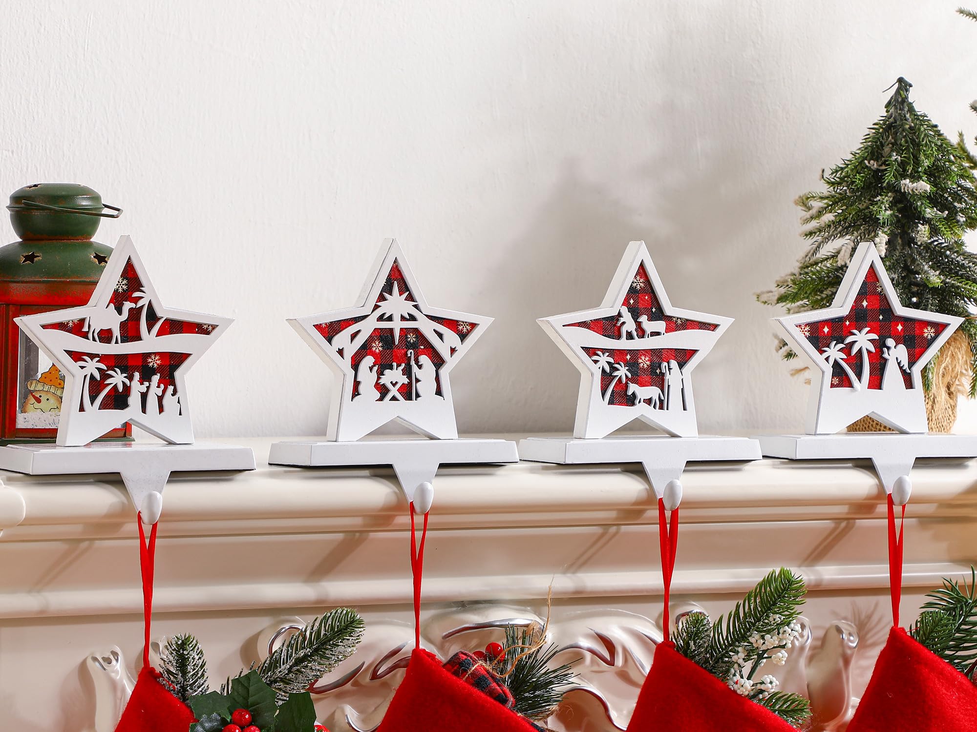 Hicarer Set of 4 Christmas Stocking Holders for Mantle Metal Wooden Stocking Hanger Farmhouse Rustic Stocking Hooks for Fireplace Mantel Decorations Holiday Party (Nativity)