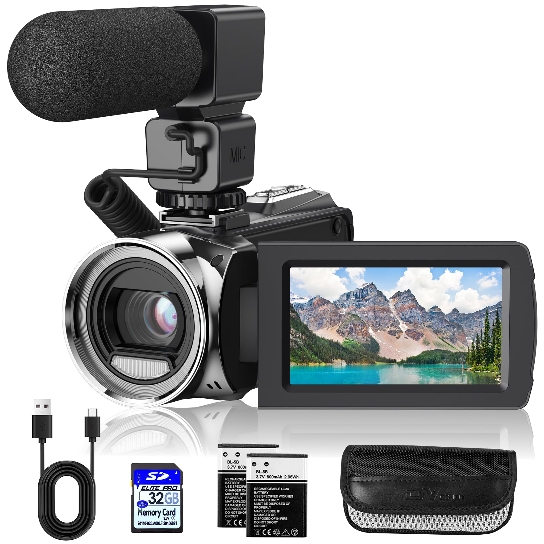 Rawiemy Video Camera Camcorder FHD 1080P 36MP YouTube Vlogging Camera Recorder 3.0 Inch 270 Degree Rotation Screen 18X Digital Zoom Camcorders with Microphone,32GB SD Card and 2 Batteries