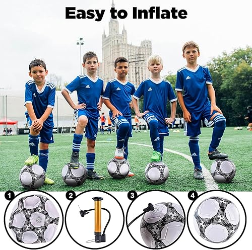 Miniatura 4 de Paquete de 6 pelotas de fútbol clásicas desinfladas tamaño 345 con bomba y bolsa de malla para interiores y exteriores, césped, entrenamiento,